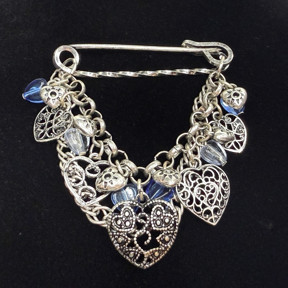 VTG Heart Charm Cluster Lapel Pin Brooch Silver and Blue Beads Statement Jewelry